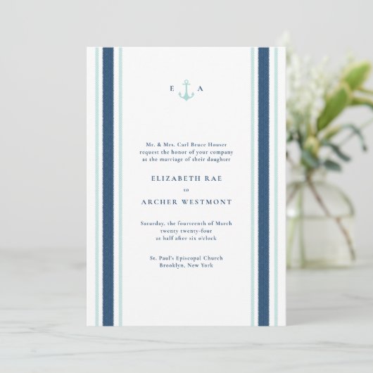 Invitation Marine Bleu Aqua Nautique Stripes Mariage côtier (Debout devant)