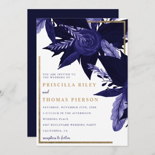 Invitation Marine bleu aquarelle or chute mariage floral (Devant / Derrière)