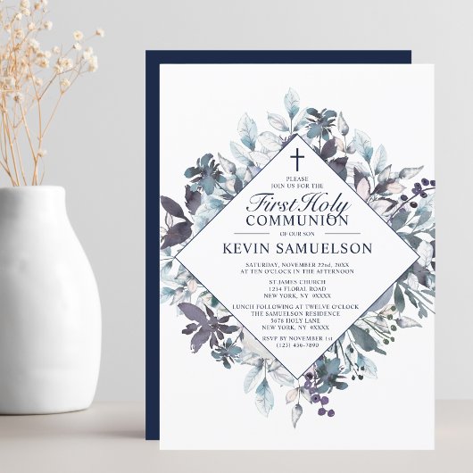 Invitation Marine Bleu Aquarelle Première Sainte Communion Ga