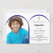 Invitation Marine bleu arc croix garçon photo Confirmation (Devant)