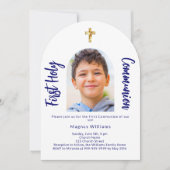 Invitation Marine bleu arc photo garçon Première communion sa (Devant)