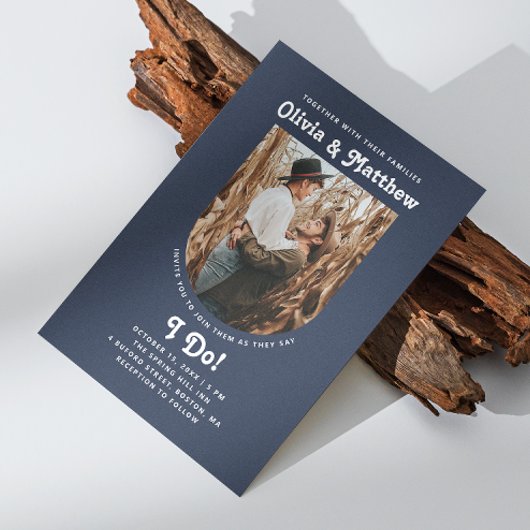 Invitation Marine bleu arche photo simple rétro super mariage