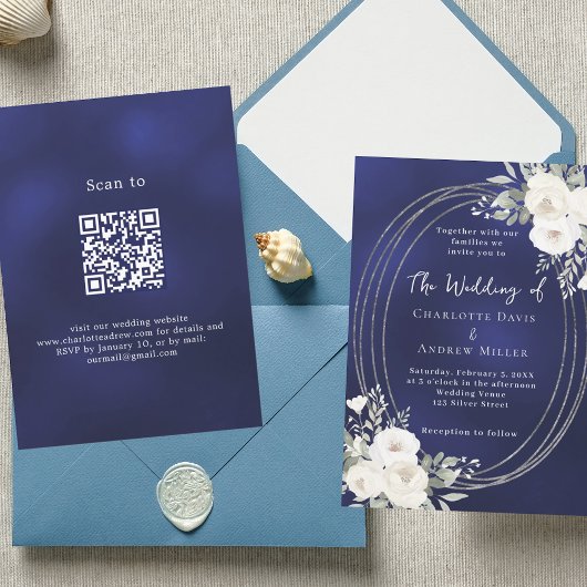 Invitation Marine bleu argent blanc floraux mariage QR RSVP