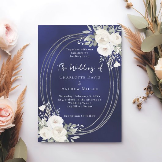 Invitation Marine bleu argent blanc floraux rose mariage