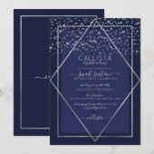 Invitation Marine Bleu Argent Confetti Bordure Sweet 16 (Devant / Derrière)
