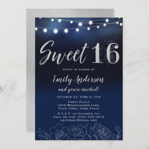Invitation Marine Bleu Argent Éclairage Floral Sweet 16