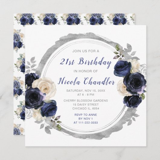 Invitation Marine Bleu Argent Fleurs élégantes Fête d'anniver (Devant / Derrière)
