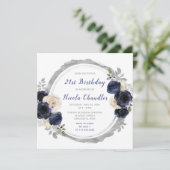 Invitation Marine Bleu Argent Fleurs élégantes Fête d'anniver (Debout devant)