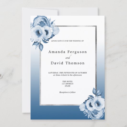 Invitation Marine bleu argent floral blanc élégant mariage (Devant)