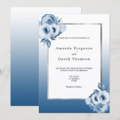 Invitation Marine bleu argent floral blanc élégant mariage (Devant / Derrière)
