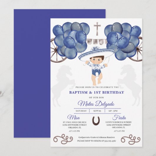 Invitation Marine Bleu & Argent Mexicain Baby Boy Charro Bapt (Devant / Derrière)
