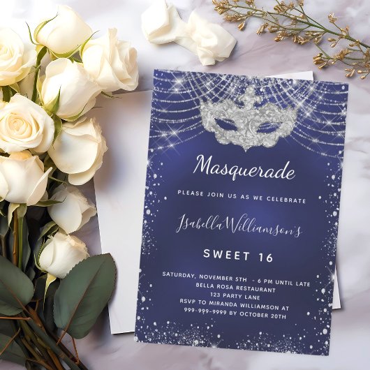 Invitation Marine bleu argent parties scintillant Masquerade 