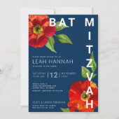 Invitation Marine bleu Bat mitzvah Rouge Floral Aquarelle mod (Devant)