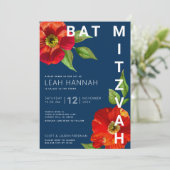 Invitation Marine bleu Bat mitzvah Rouge Floral Aquarelle mod (Debout devant)