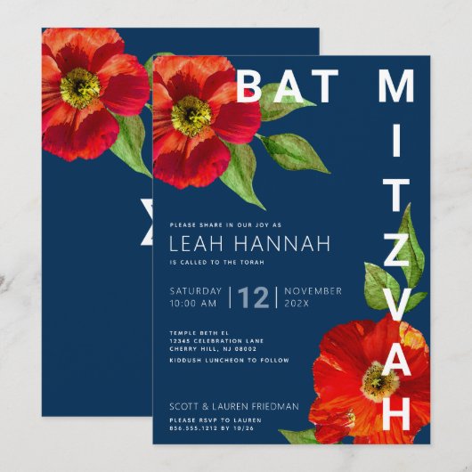 Invitation Marine bleu Bat mitzvah Rouge Floral Aquarelle mod (Devant / Derrière)