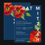 Invitation Marine bleu Bat mitzvah Rouge Floral Aquarelle mod<br><div class="desc">Soyez fier, réjouissez-vous et présentez ce jalon de votre Bat mitzvah préféré avec cette invitation sophistiquée et personnalisée ! Une aquarelle chic, étonnante, rouge florale avec un style san serif moderne recouvre un arrière - plan bleu marine. Personnalisez le texte personnalisé avec le nom, la date et les informations de...</div>