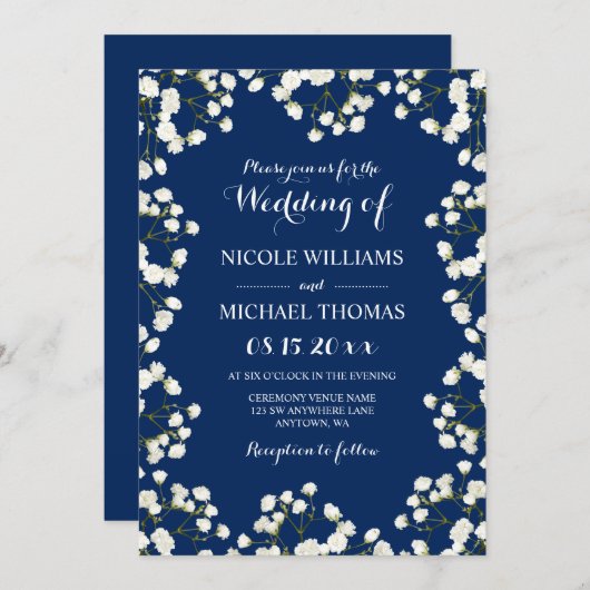 Invitation Marine Bleu Bébé's Respiration Frontière Mariage I (Devant / Derrière)