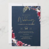 Invitation Marine Bleu Berry Floral Bourgogne hiver automne (Devant)