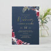 Invitation Marine Bleu Berry Floral Bourgogne hiver automne (Debout devant)