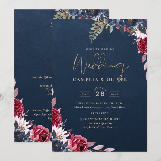 Invitation Marine Bleu Berry Floral Bourgogne hiver automne (Devant / Derrière)