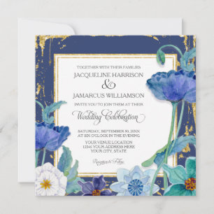 Invitation Marine Bleu Blanc Aquarelle Floral Art avec cadre