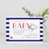 Invitation Marine Bleu & Blanc Bande rouge Baby shower Garçon (Debout devant)