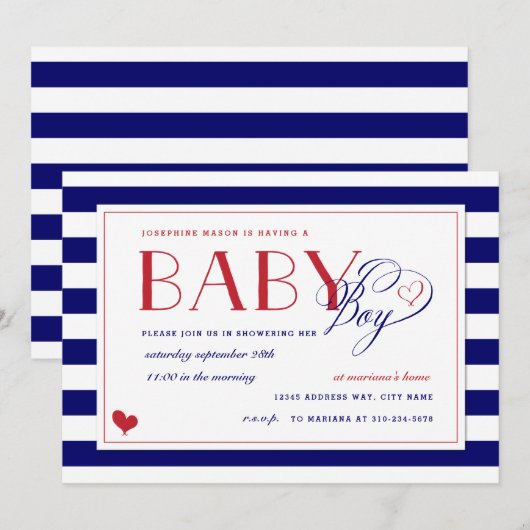 Invitation Marine Bleu & Blanc Bande rouge Baby shower Garçon (Devant / Derrière)
