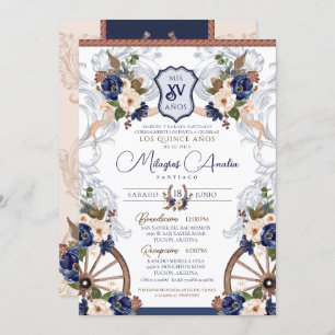 Invitation Marine Bleu Blanc Élégant Baroque Charro Quinceane