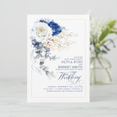 Invitation Marine Bleu & Blanc Floral Boho Gold Mariage éléga (Debout devant)