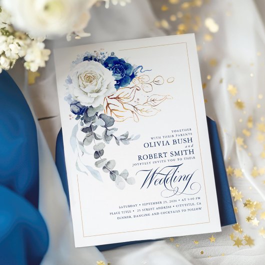 Invitation Marine Bleu & Blanc Floral Boho Gold Mariage éléga