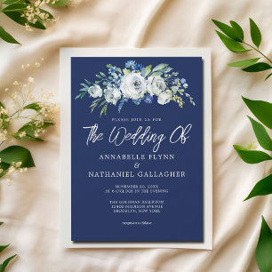 Invitation Marine Bleu Blanc Floral Élégant Mariage d'hiver