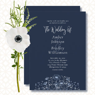 Invitation Marine bleu blanc Floral Minimal QR Code Mariage