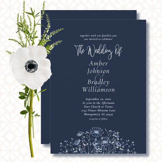 Invitation Marine bleu blanc Floral Minimal QR Code Mariage