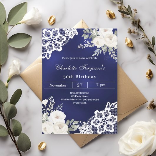 Invitation Marine bleu blanc roses dentelle anniversaire