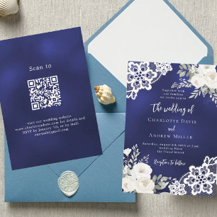Invitation Marine bleu blanc roses dentelle QR code mariage