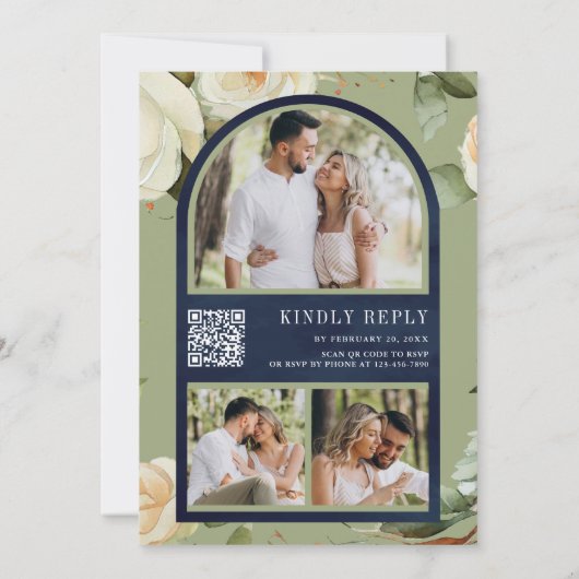 Invitation Marine bleu blanc Roses Mason Jar QR Code Mariage (Dos)