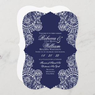 Invitation Marine Bleu Blanche dentelle Élégant mariage vinta