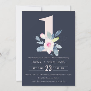 Invitation MARINE BLEU BLEU FLORAL 1er TOUTE ANNÉE ANNIVERSAI
