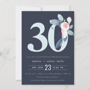 INVITATION MARINE BLEU BLEU FLORAL 30E TOUTE ANNÉE ANNIVERSAI