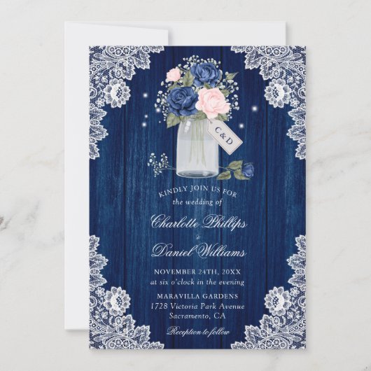Invitation Marine Bleu Blush Pink Rustique Pays Floral Mariag (Devant)