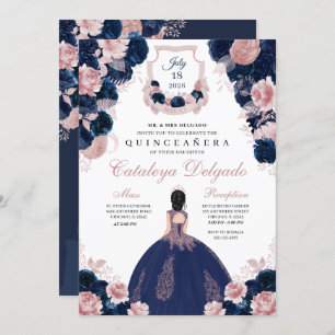 Invitation Marine Bleu & Blush rose Floral Elegant Quinceañer