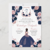 Invitation Marine Bleu & Blush rose Floral Elegant Quinceañer (Devant)