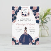 Invitation Marine Bleu & Blush rose Floral Elegant Quinceañer (Debout devant)