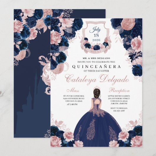 Invitation Marine Bleu & Blush rose Floral Elegant Quinceañer (Devant / Derrière)