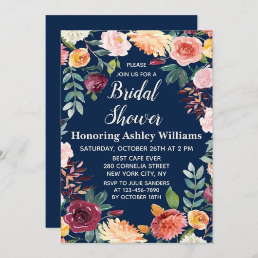 Invitation Marine Bleu Boho Vert automne Fête des mariées flo (Devant / Derrière)