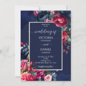 Invitation Marine bleu bordeaux rose roses mariage modèle (Devant)