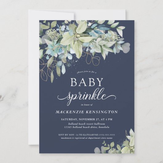 Invitation Marine Bleu Botanique Eucalyptus Bébé saupoudrer (Devant)