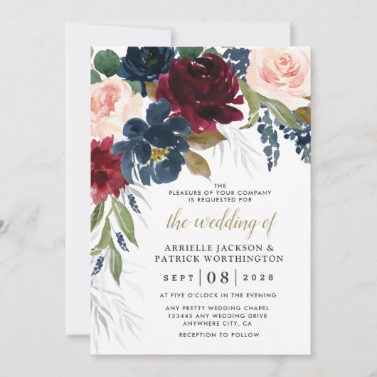 Invitation Marine Bleu Bourgogne Bleu rose Argent Mariage Or (Devant)