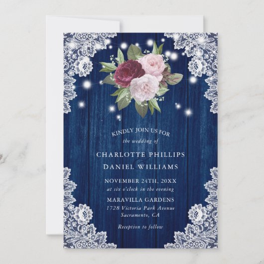 Invitation Marine Bleu Bourgogne Blush Blanc dentelle Mariage (Devant)