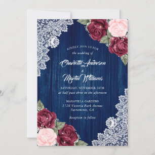 Invitation Marine Bleu Bourgogne Blush Grange Mariage dentell
